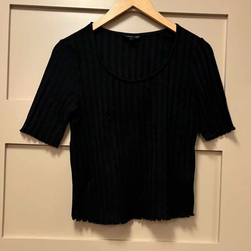 TOPSHOP Ribbed Stretch Crop Top Frill Trim Black Short Sleeve Sheer Scoop